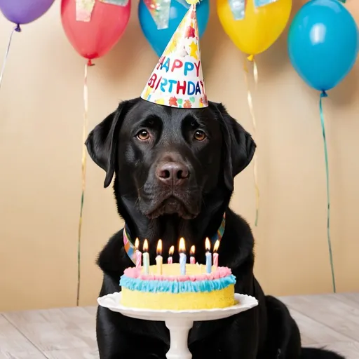 Prompt: Black labrador wearing a party hat and sitting in front of a birthday cake with candles