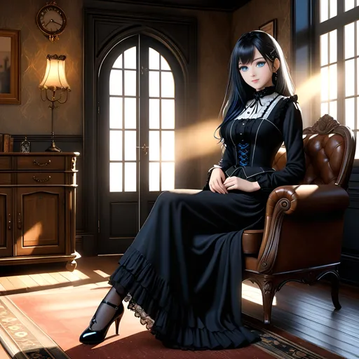 Prompt: (full body female), (black hair), (blue eyes), gothic clothing, sitting pose, in a cozy living room background, warm natural lighting streaming in, softly illuminating textured walls and vintage furniture, inviting ambiance, high detail, ultra-detailed, realistic shadows, creating a sense of comfort and elegance.