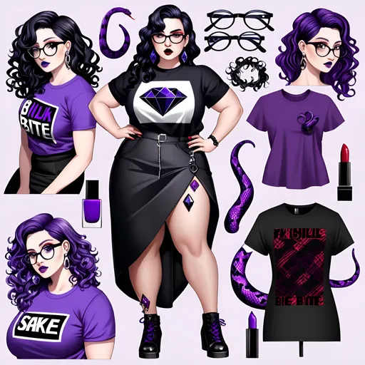 Prompt: (full body focus) single female, athletic and curvy build, (curly black hair with purple highlights), (deep blue eyes), stylish graphic t-shirt, layered purple and black flannel, mid-length black skirt, fashionable black rectangular glasses, makeup featuring black and purple with bold red lipstick, (purple diamond stud ear piercings), (black snake bite lip piercings), walking through an enchanting wooded area, (natural soft lighting), serene atmosphere, vivid green foliage and soft earth tones in the background, (4K ultra-detailed).