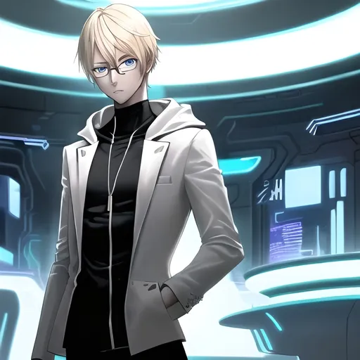 Prompt: A young man with tousled blonde hair and striking blue eyes stands in a futuristic environment, exuding a blend of confidence and curiosity. His slender figure is adorned with a casual hoodie, and round glasses rest on his nose, accentuating his thoughtful expression. Soft, ambient lighting casts a warm glow on his face, highlighting subtle details and creating a dynamic contrast with the cool tones of the setting, which features blurred digital screens and neon accents in the background. The overall atmosphere conveys a sense of intrigue and modernity, as if he is on the brink of discovering something significant in a world driven by technology.