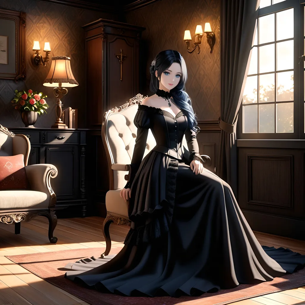 Prompt: (full body female), (black hair), (blue eyes), gothic clothing, sitting pose, in a cozy living room background, warm natural lighting streaming in, softly illuminating textured walls and vintage furniture, inviting ambiance, high detail, ultra-detailed, realistic shadows, creating a sense of comfort and elegance.