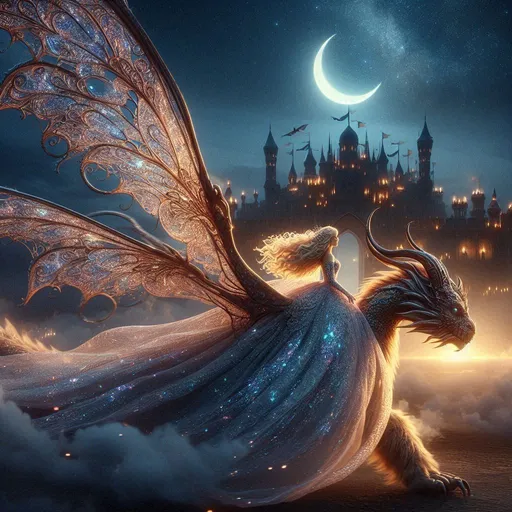 Prompt: Extra wide shot, magic surrealism, magic realism, fantasy,. A stunningly gorgeous fairy with large ornate see-through wings, wearing a gown that shimmers like a galaxy, and blonde with wavy hair that cascades down her back and blows in the wind as she rides her huge majestic dragon. The dragon has a regal posture as it soars through the starry sky at twilight towards a distant castle adorned with banners and flags on its walls, with torches lighting up the walls. The crescent moon illuminates both wing sets - their wings, creating a magical realism concept art scene.