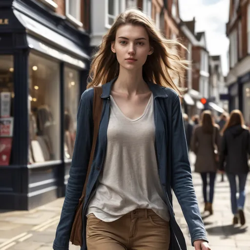 Prompt: Tall young woman walking down the high street, detailed clothing, realistic, natural lighting