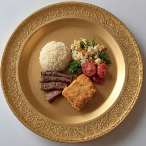 Prompt: delicious meal on gold plate