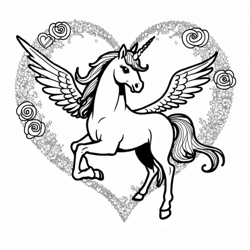 Prompt: unicorn Pegasus pony love heart simple colouring page