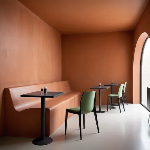 Prompt: Picture of a an extremely minimal cafe designed as a monolith in terracotta stucco finish, clicked in style of architectural photography. all surface like floor, walls. Continuous seamless fluid form table running throughout the cafe, long free form projections for sitting on, are finished in monolithic manner. Use of projections instead of actual chairs or other furniture. Earthy lime plaster, stucco finish. Stainless steel counter acts as focal element., hyper detailed, cinema 4d, beautiful, photorealistic, detailed