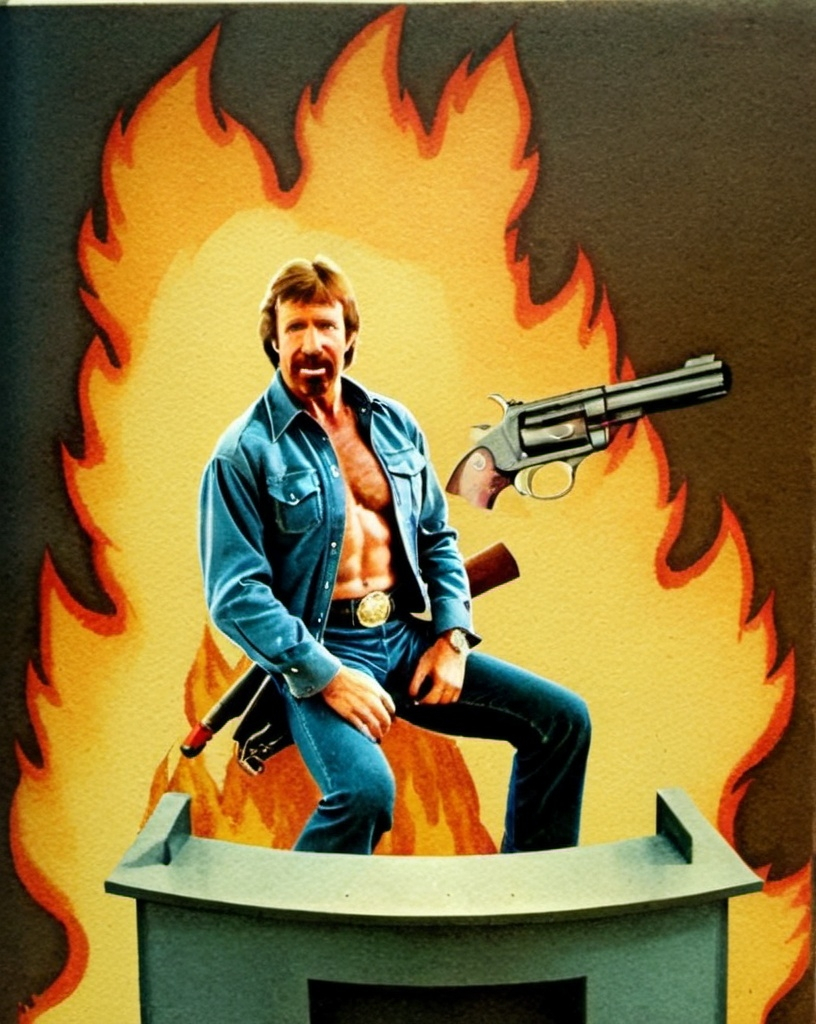 Prompt: Chuck Norris sitting on a school desk, handling a fire-gun and with a cigar in his mouth