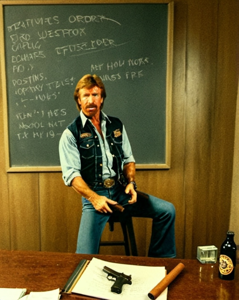 Prompt: Chuck Norris leant against a school desk, handling a fire-gun and with a cigar in his mouth