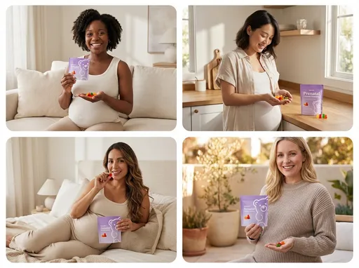 Prompt: Lifestyle collage featuring 4 diverse pregnant women,
each in a separate rounded rectangular frame,
all interacting with Bub’s Prenatal Vitamin Gummies,
holding the sachet, showing gummies in hand, smiling naturally,
soft daylight, warm neutral tones, cohesive lighting across all frames,

modern maternal wellness brand aesthetic,
clean white or very light pastel background,
editorial ecommerce photography style,
authentic expressions, natural skin texture,
comfortable home settings implied but minimal,
premium, calm, nurturing vibe,

high resolution, sharp focus, shallow depth of field,
no text, no graphic overlays, no watermarks
