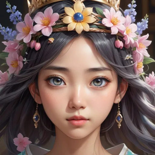 Prompt: Closeup face portrait of a asian girl wearing crown of flowers, smooth soft skin, big dreamy eyes, beautiful intricate colored hair, symmetrical, anime wide eyes, soft lighting, detailed face, by makoto shinkai, stanley artgerm lau, wlop, rossdraws,concept art, looking into camera