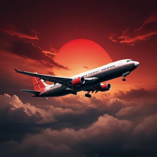 Prompt: do a poster image about flying aero plane in a sky with dark sky and red sunset. the plane look like boeng and in a dark side. the plane face can be seen from a far in front of the poster