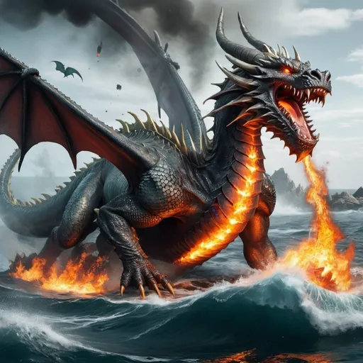 Prompt: a angry dragon with fire to attack a massive of soldier in a ocean, put a lot of crack battle ship around the dragon, the water is high surrounding the area