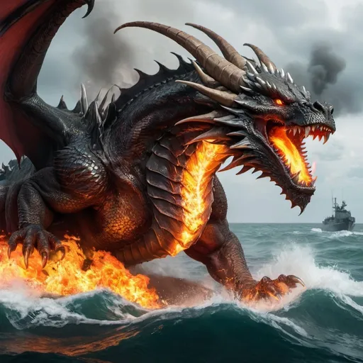 Prompt: a angry dragon with fire to attack a massive of soldier in a ocean