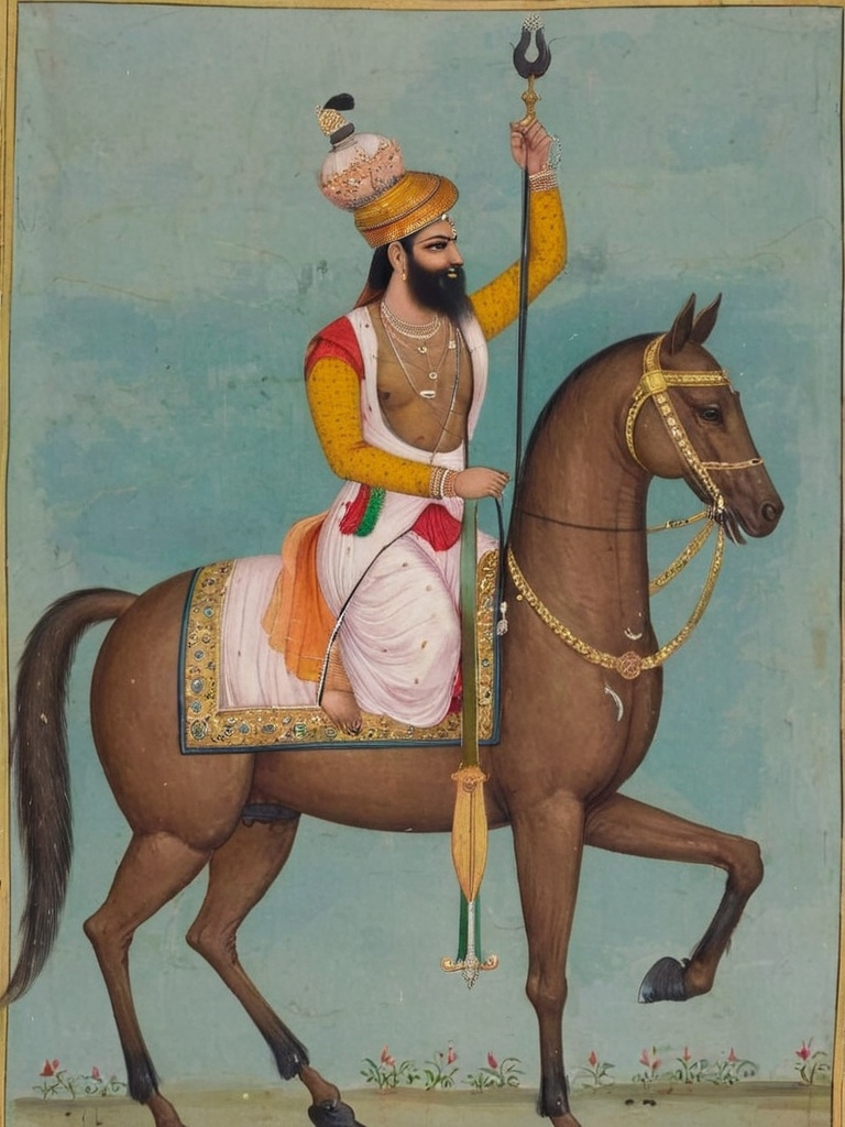 Prompt: a painting of a man riding a horse with a halo on his head and a sword in his hand, Bholekar Srihari, hurufiyya, art noveau, a detailed painting