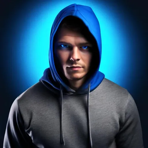 Prompt: Black background, man looking forward with glowing blue eyes, black hoodie