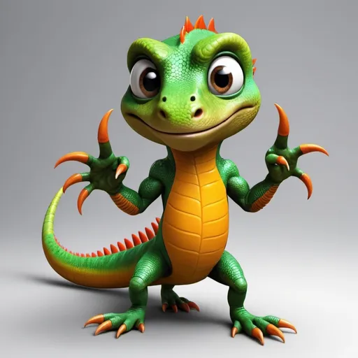 Prompt: (Create an image of a mascot) (Lizard in the modern style), (original and memorable) mascot design, (symbolizing uniqueness and creativity) for a modern electronics trading company, (playful and friendly appearance). Do it friendly and stylish, with strong personality and possible to use as a logo for the company. The lizard should be humanized with human hands (with fingers) legs(with real human fingers instead of the claws), but with the  tail, should be funny character, it should be more attractive, with the skin without scales and everything that scares people in mammals, with normal teeth and with stylish real human haircut it 
delete claws it is very aggressive