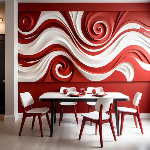 Prompt: Design an abstract mural using vermillion red and white hues that evokes the warmth and energy of a vibrant dining experience. Consider incorporating organic shapes, swirling patterns, or dynamic textures that create visual interest and movement. Ensure the artwork is generic and doesn't reference specific cultures, themes, or branding