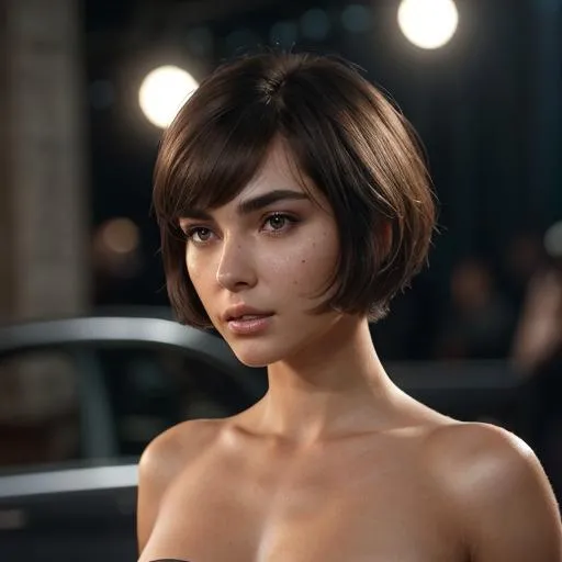 Prompt: brunette girl with little moles on her face, steanpunk, perfect italian nose, short bob haircut, oval face, thin eyebrows, big chest, big breasted,close-up back view half body, perfect body, beautiful body, eager, highly detailed , octane rendering, cinematic, highly detailed, vibrant, production, realistic, ultra high quality model, 8k ultra HD, (big chest), big breasted, visible full body, glow

