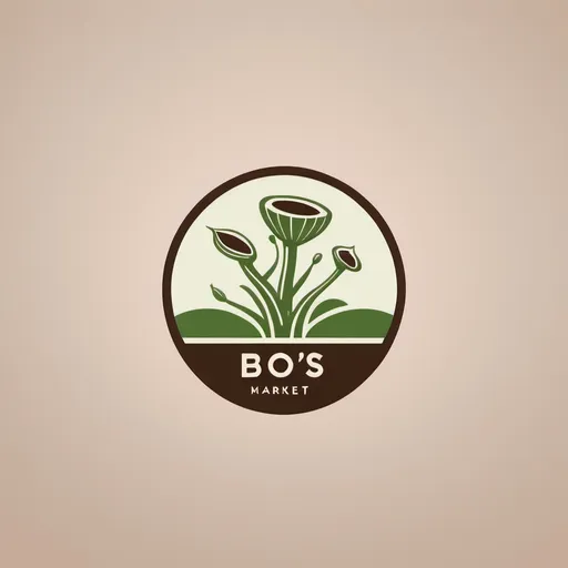 Prompt: (simplistic logo), (modern design), Bo's Market, online marketplace, eclectic theme, carnivorous plants, 3D printing elements, roasted coffee beans, sleek typography, minimal color palette, subtle green and earthy tones, professional look, eye-catching, clean lines, unique graphics, high quality, versatile for branding.