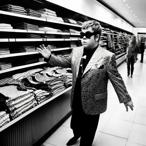 Prompt: CCTV footage of Elton John shoplifting from a clothing store
