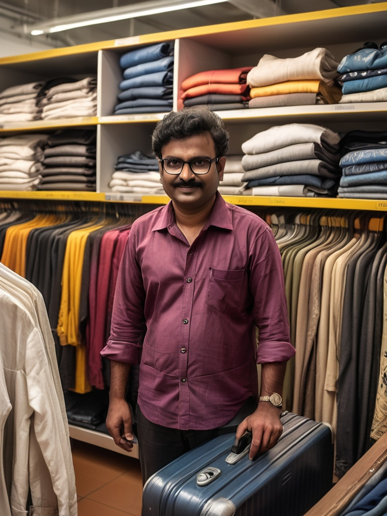 Prompt: a man standing in front of a rack of clothes in a store with a bag on the floor and a suitcase on the floor, Bikash Bhattacharjee, samikshavad, jayison devadas, a silk screen