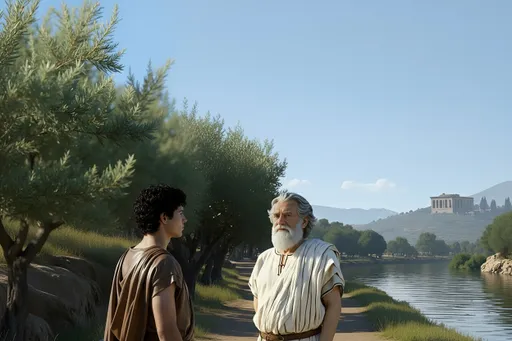 Prompt: David image #1 looking face to face to Socrates image #2 by the river. for Environment use image #3. No change to their clothing, face, hair. Socrates is standing his back to the river and David is standing his back to the trees. So, Socrates is on the right hand side and David is standing on the left hand side. Do Not change their clothes please. Wide Shot