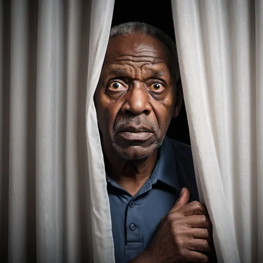 Prompt: An old black man, hiding behind a curtain looking  at football match in scary mood
