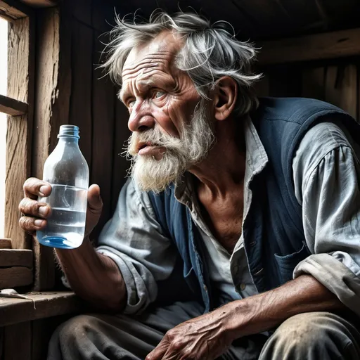 Prompt: From the old man and the sea novel create An old fisherman tired and leaning against the wall of his house while sitting on his bed. He lives in a shack. The room is dark with no windows. Closeup image of him holding a glass bottle of water next to his mouth.