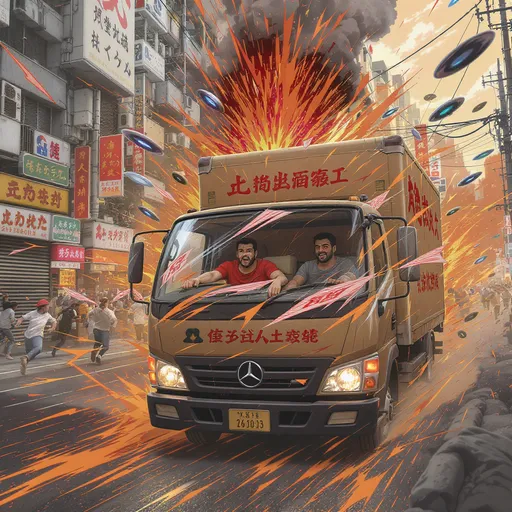 Prompt: Two men are in a delivery box truck in an anime world. The passenger is on the verge of freaking out, while the driver is chilled and relaxed as if it was a normal day. Except, this isn't a normal day. The city is terrorized by flying discs, which zap their buildings. The crowds are running around like maniacs on the streets, frightened by the flying discs.