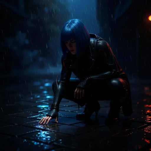 Prompt: Visualize a character crouching low, their fingertips gently gliding across the slick, rain-soaked pavement, sending droplets cascading into the air. The scene is set during twilight, with a moody, dusky glow enveloping the surroundings, casting long shadows that dance along the cobblestones. Soft, diffused light reflects off the wet surfaces, creating a shimmering effect around them. The character, dressed in a sleek, dark jacket with a hood pulled low, displays a look of contemplative curiosity, their brow slightly furrowed as they connect with the world beneath them. Wisps of mist swirl around, adding an ethereal quality to the atmosphere. A cinematic lighting style would enhance the dramatic tension of this poignant moment, capturing the intimacy of their interaction with the rain-drenched earth.