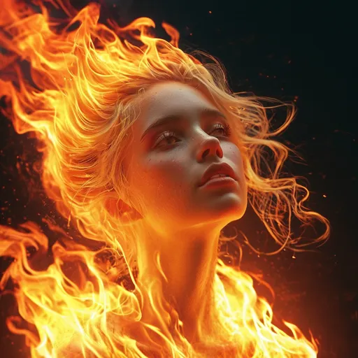 Prompt: flames swirling into girl made of fire, minimalistic, sleek