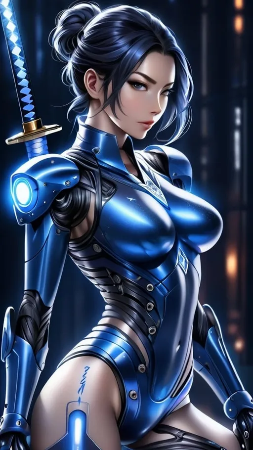 Prompt: dark background, navy blue backlit, liquid metal anime AI world mind, full body, female,  technological implants, advanced technology, grid, wires, circuits, blue shadows, blue glossy armor, hyper realistic , cyberpunk , she has a katana sword , cybernetic  background, full body armor , awesome katana sword 