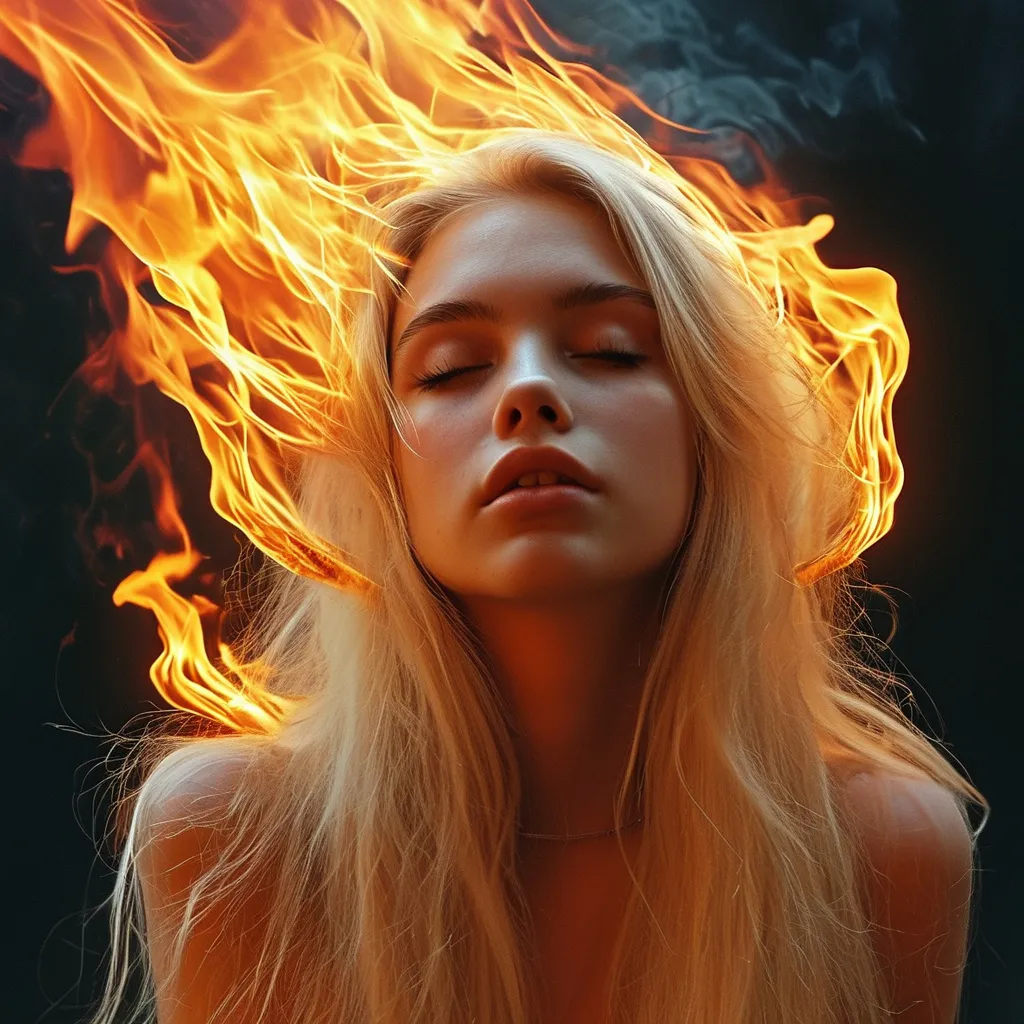 Prompt: flames swirling into girl made of fire, minimalistic, sleek, she has beautiful long blonde hair 