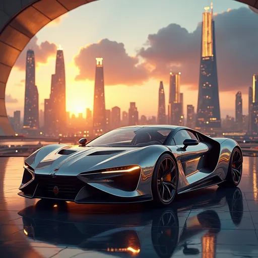 Prompt: "A stunning luxury car in a futuristic cityscape, surrounded by glowing skyscrapers and a breathtaking sunset. The car is sleek, with metallic chrome paint, sharp aerodynamic lines, and high-end details like gold accents, carbon fiber trims, and luxurious leather interiors visible through the windows. The scene is illuminated by soft, golden light, creating an atmosphere of opulence and power. The background features ethereal clouds, a rich color palette of deep blues, purples, and gold, with subtle reflections on the car's surface, evoking a sense of wealth and sophistication."