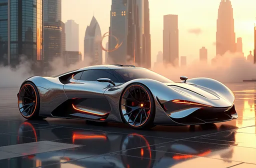 Prompt: A luxurious, futuristic hypercar in a high-end cityscape, set against a backdrop of towering skyscrapers with reflective glass surfaces. The car features cutting-edge design with a sleek, aerodynamic body made of a blend of carbon fiber and chrome. Its exterior gleams in shades of platinum, with glowing neon accents highlighting its sharp curves. The car's wheels are designed with intricate patterns, showcasing precision craftsmanship. The scene is bathed in soft golden light, with rays of the setting sun reflecting off the car’s surface, enhancing its elegance and power. In the background, rare mythical creatures hover in the sky, with floating islands and a mystical fog creating an otherworldly atmosphere of grandeur and sophistication. The city is alive with futuristic lighting, giving the image a sense of surreal luxury, making this car a symbol of ultimate wealth, power, and futuristic design