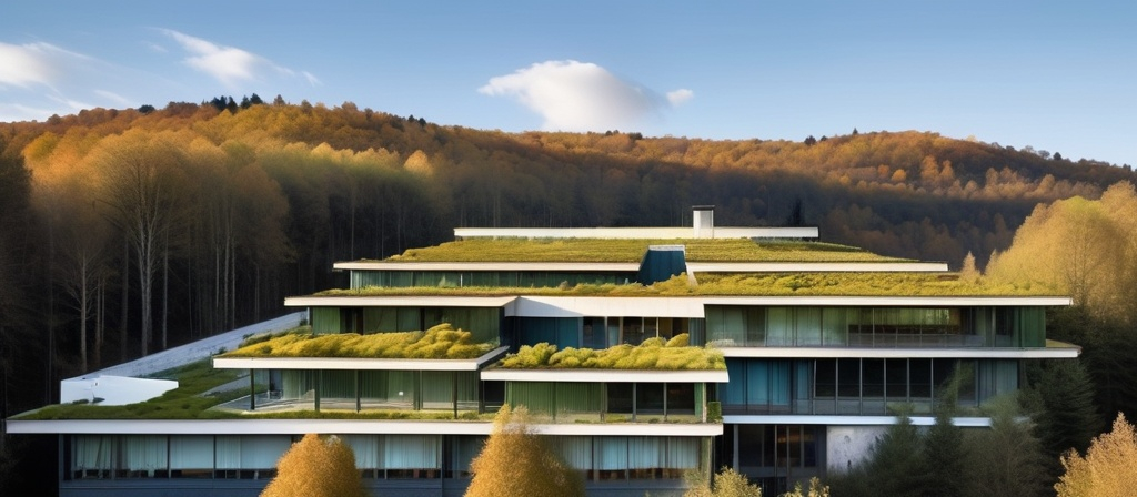 Prompt: a building with a green roof surrounded by trees and mountains in the background with a blue sky and a few clouds, Enguerrand Quarton, modernism, archdaily, a photo