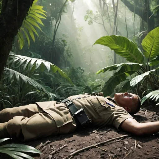 Prompt: make an image of a soldier lying in the jungle