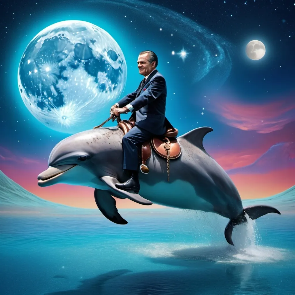 Prompt: Richard Nixon riding a saddled dolphin on the moon