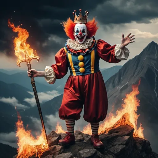 Prompt: A clown who became a demon is standing on the top of a mountain and is laughing, and there is a crown on his head, and the surroundings are full of fire, darkness, and thunder, and in his hand, the clown has a magic sword.