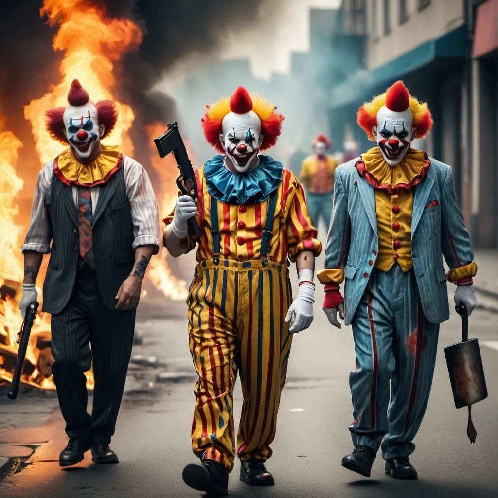 Prompt: A bunch of gangster clowns are walking in the street, some parts of the street are on fire and the clowns have guns, knives and axes in their hands.