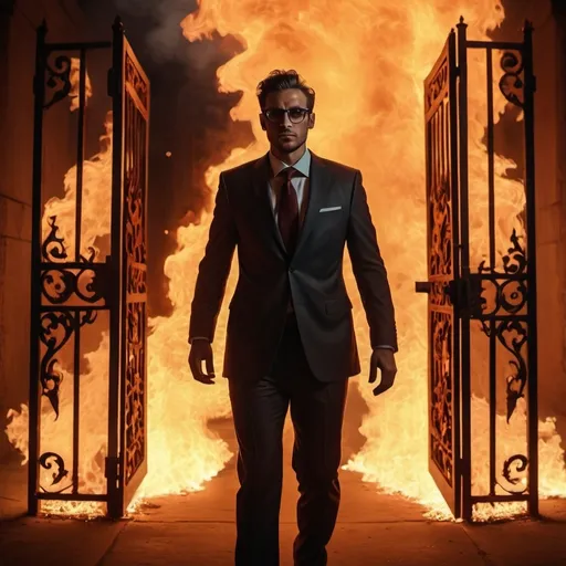 Prompt: A man in a suit and smokey glasses comes out of the fiery gate