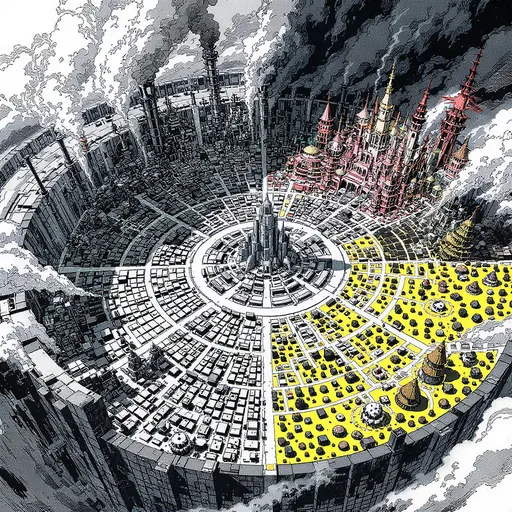 Prompt: no estilo do manga de berserk desenha o seguinte cenário: ""Uma cidade colossal e circular, maior que Tóquio, rodeada por muralhas ciclópicas de pedra negra com 2 km de altura. A cidade é dividida em quatro grandes setores, cada um com uma identidade única: um distrito steampunk cheio de engrenagens, chaminés fumegantes e máquinas metálicas; um distrito de Japão feudal com templos, pagodes e casas de madeira iluminadas por lanternas; um distrito europeu medieval com catedrais góticas, ruas de pedra e castelos sombrios; e um distrito inspirado em tribos africanas, com cabanas circulares, máscaras cerimoniais e torres de argila decoradas. No centro, ergue-se uma zona circular neutra, isolada, marcada por uma fortaleza monumental e misteriosa. "