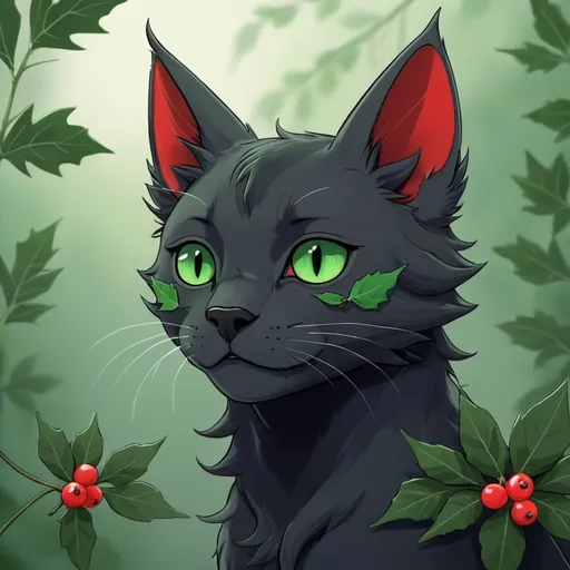 Prompt: HollyLeaf from Warrior Cats, in Studio Ghibli style, with holly leaves and berries under her ear