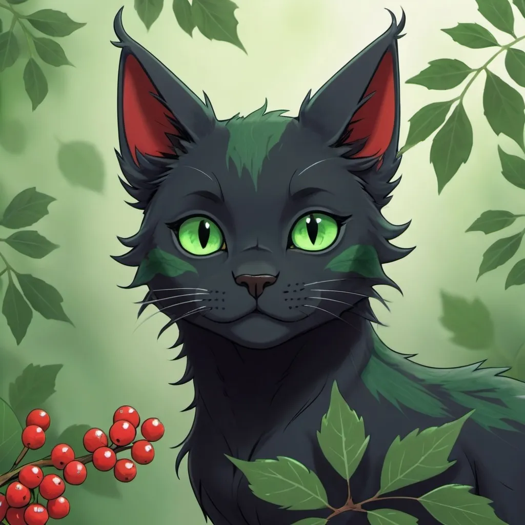 Prompt: HollyLeaf from Warrior Cats, in Studio Ghibli style, with holly leaves and berries under her ear