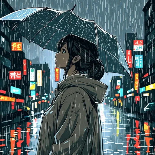Prompt: Create a hand-drawn illustration of a female character in an anime style, standing in the rain. The character should be looking up with a contemplative expression, conveying a deep sense of emotion as she reflects on life. The background should depict a detailed cityscape, enhancing the ambiance of the scene, with rain adding a dynamic element. Ensure the composition is framed in a stylized square format, resembling a painting frame, while maintaining a sense of artistic imperfection to enhance its charm. The overall design should be visually appealing and resonate with the audience, aiming to attract buyers for a t-shirt brand. Focus on intricate details and a beautiful aesthetic to evoke feelings of wonder and connection with the viewer.