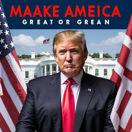 Prompt: Create a basic image of donald trump with American flags in the back and wording that says "make America great again"