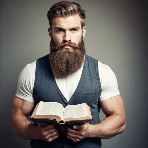 Prompt: Strong man, beard, hipster, bible

