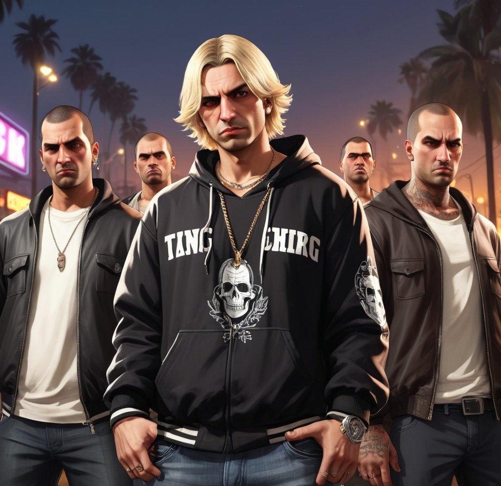 Prompt: GTA 5 style,XQC  as a gangster, wearing gang attire, gang members with him , 4K, Realistic, Ultra Detailed, dim night, infront of his empire, looking hard