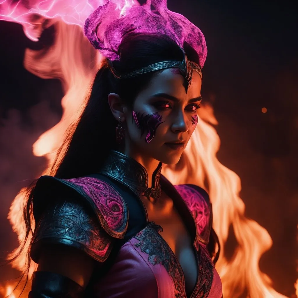 Prompt: Amazonian Woman, Villain , wearing Villanous attire, profile picture, beautiful, dim night, intense gaze, Ultra Detailed, Facial Features Detailed, 8K, Realistic, pink fire burning  in the  background
