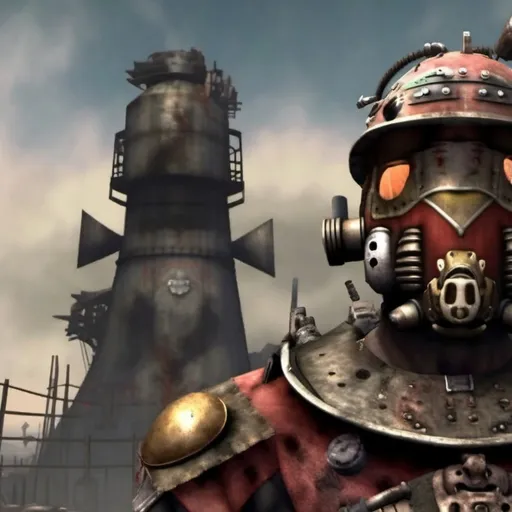 Prompt: Fallout 2 loading screen, wearing a power helmet with tribal markings